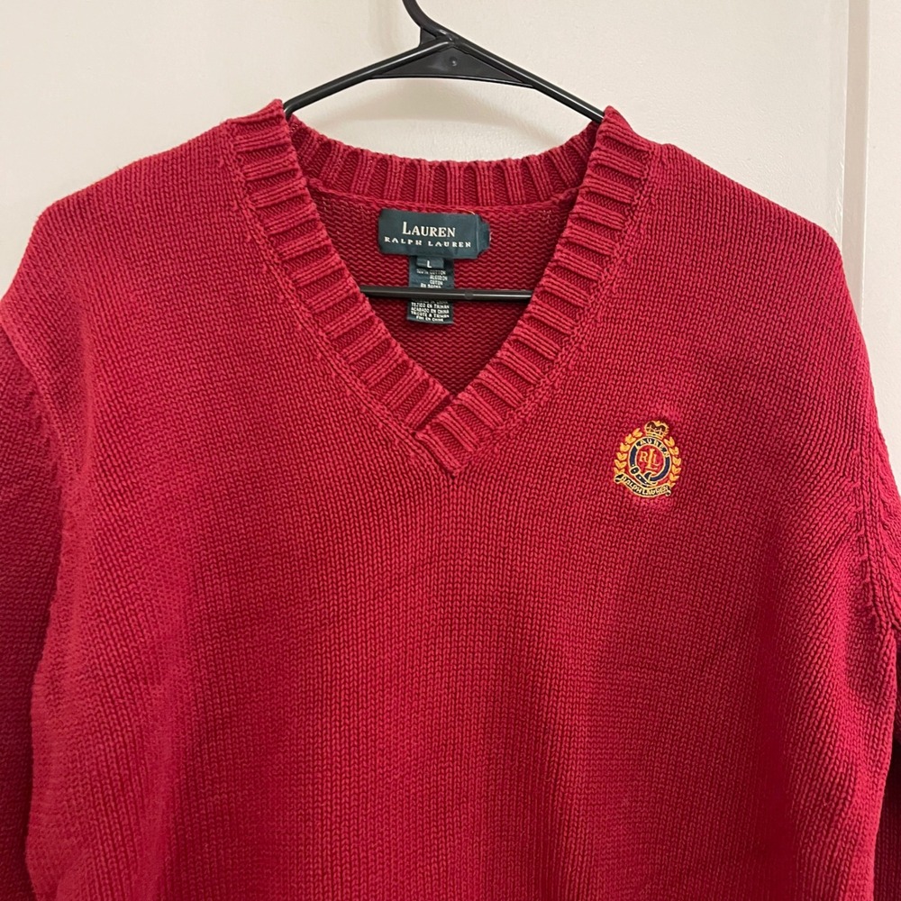 Vintage Ralph Lauren Preppy Old‎ Money Red Mens Embroidered Sweater V Neck